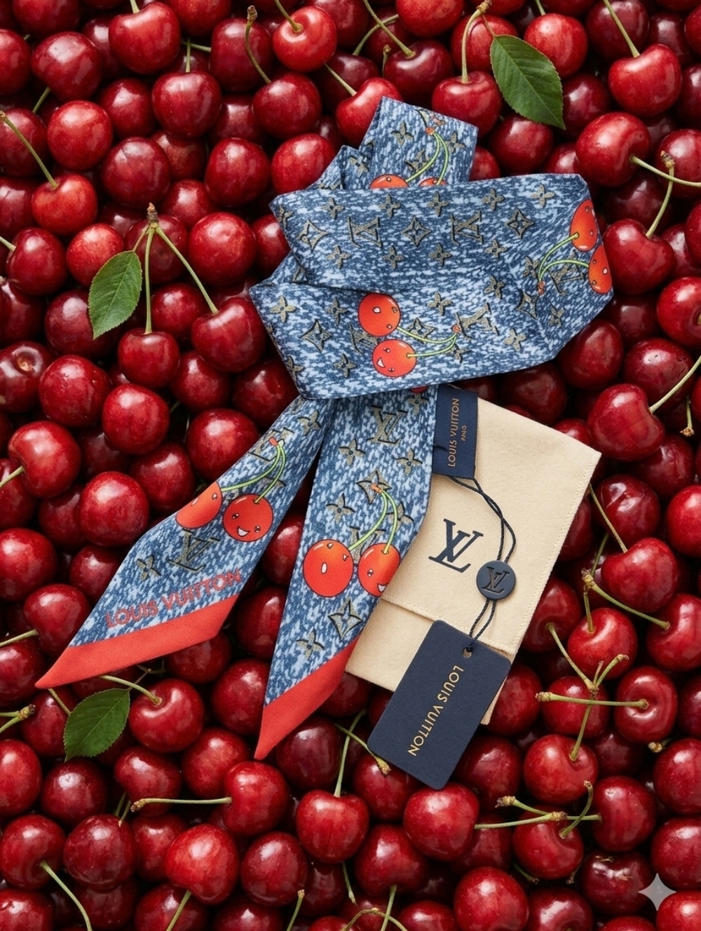 :FIRM: Denim-Print Cherry Silk Twilly with Red Trim